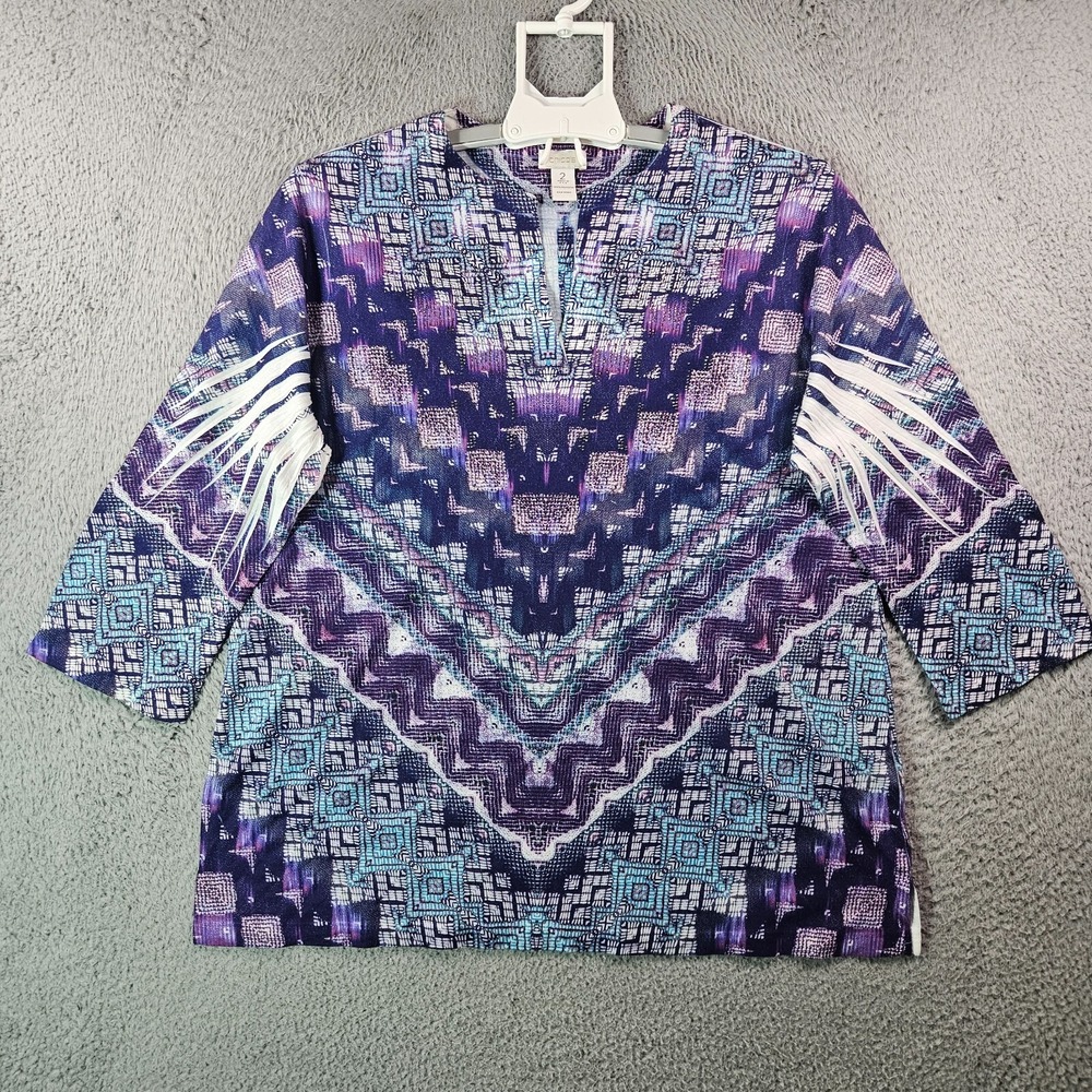Chico's Top Blouse Women Size 2 Rhinestones‎ 3/4 Sleeve Geometric Purple Blue
